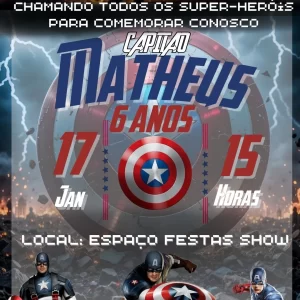 Convite Animado Capitão América em Vídeo MP4 – vídeo convite digital inspirado no herói da Marvel, ideal para festas infantis com tema super-heróis.