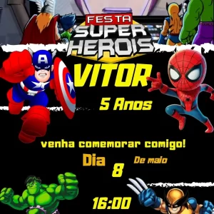Convite Virtual Animado Super Heróis em Vídeo MP4 – convite digital vibrante com tema de heróis, ideal para festas infantis cheias de ação e aventura.
