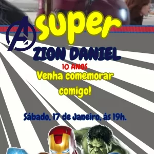 Convite Animado The Avengers em Vídeo MP4 – vídeo convite digital inspirado nos heróis da Marvel, ideal para festas infantis temáticas de super-heróis.