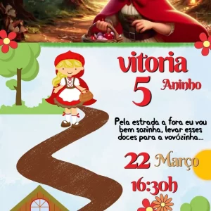 Convite Virtual Animado Chapeuzinho Vermelho – convite de aniversário em vídeo com o tema do clássico conto infantil, ideal para festas temáticas.