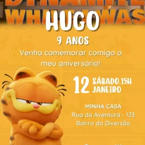 Convite Animado Garfield em Vídeo MP4 – convite digital divertido e bem-humorado inspirado no famoso gato laranja Garfield, ideal para festas infantis animadas.