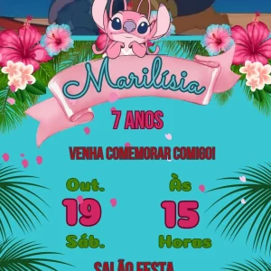 Convite Animado Angel e Stitch em Vídeo MP4 – convite digital divertido e tropical inspirado nos personagens da Disney, perfeito para festas infantis.