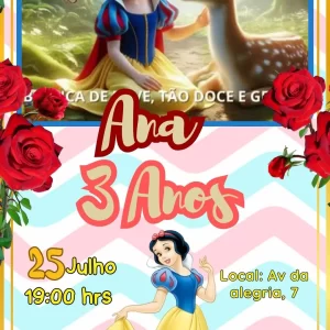 Convite Animado Branca de Neve e os Sete Anões em Vídeo MP4 – convite digital encantador inspirado no clássico conto de fadas da Disney, perfeito para festas infantis.