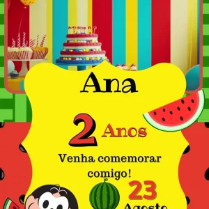 Convite Virtual Animado Magali – convite de aniversário digital alegre e colorido com a personagem Magali da Turma da Mônica.