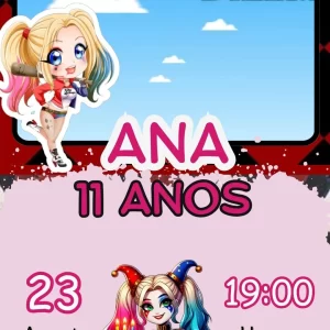 Convite Animado Arlequina em Vídeo – convite de aniversário digital com tema da Arlequina, cores vibrantes e animação divertida.