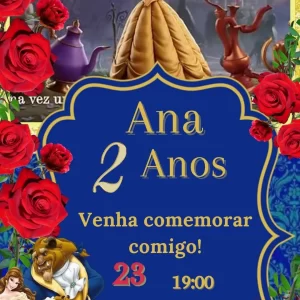 Convite Virtual Animado A Bela e a Fera – convite digital com tema de princesa, castelo e magia inspirado no clássico da Disney.