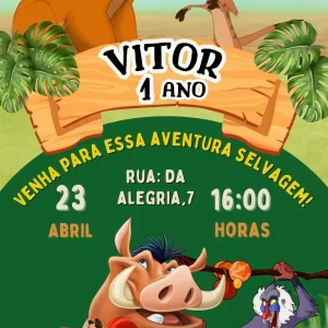 Convite Virtual Animado O Rei Leão – vídeo convite digital com personagens do clássico da Disney, ideal para festas temáticas cheias de emoção.