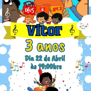 Convite Virtual Animado 3 Palavrinhas – convite digital cristão com personagens coloridos e mensagens de fé e alegria.