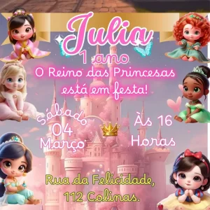 Convite Animado Reino das Princesas em Vídeo MP4 – vídeo convite digital mágico com tema de princesas, ideal para festas infantis encantadas.