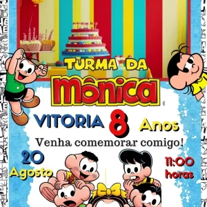 Convite Virtual Animado Turma da Mônica em Vídeo MP4 – convite digital divertido com Mônica, Cebolinha, Magali e Cascão, perfeito para festas infantis.