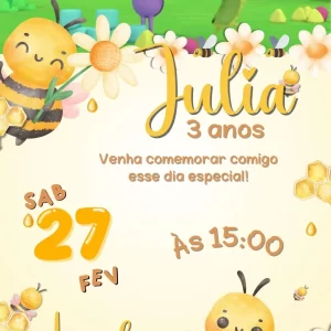 Convite Virtual Animado Abelhinha Aquarela – convite digital animado com tema abelhinha e estilo aquarela para festas infantis.