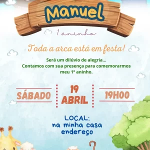 Convite Virtual Animado Arca de Noé – convite digital divertido e colorido para aniversário infantil com tema bíblico e animais.