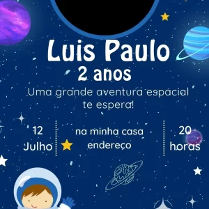 Convite Virtual Animado Astronauta – convite digital com tema do espaço para aniversário infantil divertido e moderno.