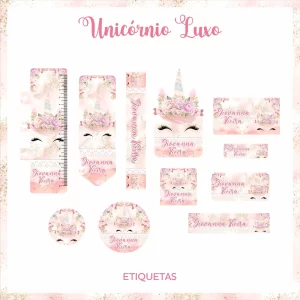 Adesivo escolar de unicórnio em PDF e PNG para imprimir e colar em materiais escolares