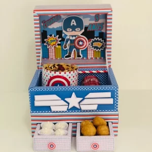 Caixa personalizada do Capitão América para festa de heróis em Studio e PDF