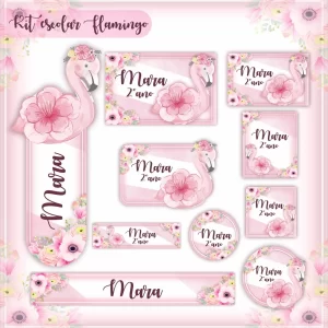 Arquivo Etiqueta Escolar Flamingo Rosa para imprimir – etiquetas escolares para material personalizadas e adesivos escolares coloridos.