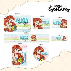 Arquivo Etiqueta Escolar Princesa Ariel para imprimir – etiquetas escolares para material personalizadas e adesivos escolares da Princesa Ariel.