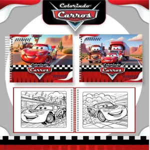 Arquivo Livro de Colorir Carros Disney PDF – livro para imprimir e pintar com páginas dos personagens Relâmpago McQueen, Mate e outros carros da Disney Pixar, ideal para atividades infantis criativas.