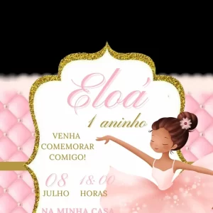 Convite Virtual Animado Bailarina – convite de aniversário digital com tema de balé, flores e tons suaves.