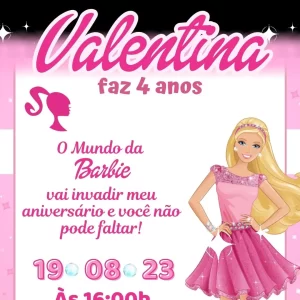 Convite Aniversário Animado Barbie – convite digital personalizado com o universo fashion e colorido da Barbie.