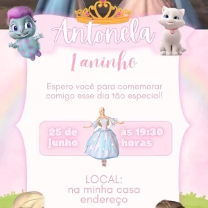 Convite Animado Barbie Lago do Cisne – convite de aniversário digital inspirado no clássico conto da Barbie com tema de balé e magia.