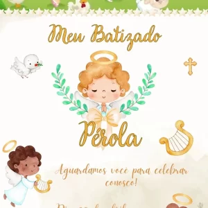 Convite Virtual Animado Batizado – convite digital com tema religioso, anjos e tons suaves para cerimônias de batismo.