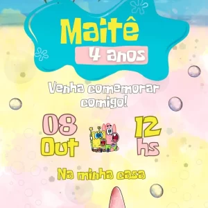 Convite Animado Bob Esponja Aquarela – convite digital animado com tema aquarela e o divertido personagem Bob Esponja.