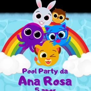 Convite Animado Bolofofos Pool Party – convite digital animado com o tema Bolofofos e festa na piscina para crianças.
