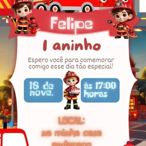 Convite Virtual Animado Bombeiro – convite digital animado com tema de bombeiros para festas infantis.