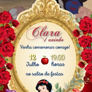 Convite Virtual Animado Branca de Neve – convite digital com tema de princesa, maçãs e floresta encantada.