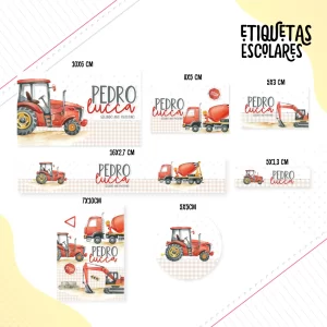 Etiqueta Escolar Trator e Betoneira para imprimir – etiquetas escolares para material personalizadas e adesivos escolares temáticos.