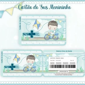 Cartão SUS digital menininho andando de bicicleta, arquivo para editar e imprimir