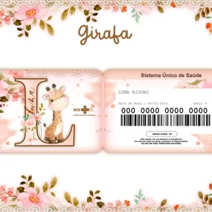 Cartão Sus Digital Personalizado Girafinha para lembrancinhas de festa infantil