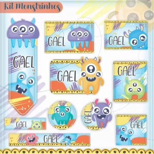 Etiqueta Escolar Monstrinhos para imprimir Studio, PNG, CDR e PDF – etiquetas escolares para material personalizadas e adesivos escolares divertidos.