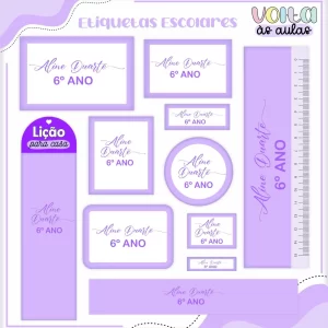 Etiqueta escolar neutro lilás em Studio, PNG e PDF para imprimir
