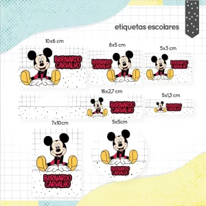 Etiqueta escolar personalizada com tema Mickey para imprimir e organizar materiais escolares