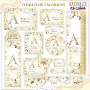 Etiqueta escolar com flores em Studio, PNG e PDF para imprimir e organizar materiais escolares