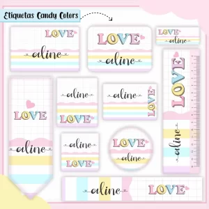 Etiqueta Escolar Candy Colors para imprimir Studio, PNG e PDF – etiquetas escolares para material personalizadas e adesivos escolares coloridos.