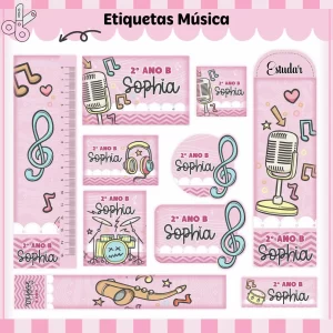 Etiqueta escolar rosa com tema música para imprimir, arquivo digital