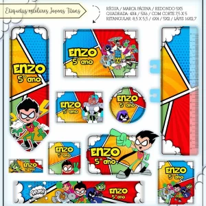Volta às Aulas Etiquetas Jovens Titãs para imprimir – etiquetas escolares para material personalizadas e adesivos escolares dos heróis.