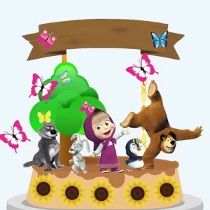 Topo de bolo digital Masha e o Urso Studio – arquivo para imprimir e decorar festas infantis.