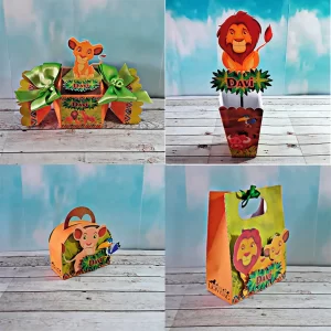 Decoração infantil Rei Leão Studio para festa safari com toppers e lembrancinhas.