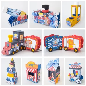 Decoração infantil Circo Studio, PNG e PDF para toppers, lembrancinhas e enfeites coloridos de aniversário.