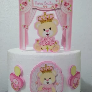 Arquivo de corte topo de bolo Ursinha Realeza Rosa Studio para decoração de festa infantil personalizada.