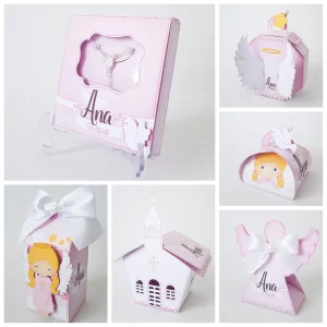 Kit de rótulos e tags para doces e garrafinhas de Batizado Rosa, em Arquivo Studio, PNG e PDF para personalização e impressão