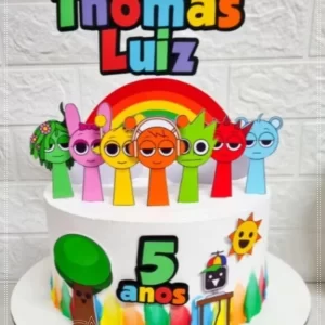 Topo de Bolo do tema Sprunki com personagens coloridos e lúdicos, feito em camadas com Arquivo de Corte Studio Silhouette