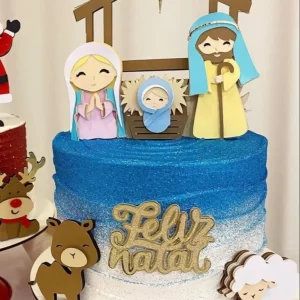 Topper de Bolo tema Presépio, com a Sagrada Família, estrela e manjedoura, feito com Arquivo de Corte Studio Silhouette