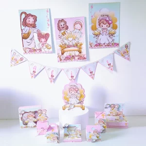 Conjunto de elementos decorativos como flores, ramos e laços em tons pastéis para Batizado de menina, em Arquivo Studio e PDF